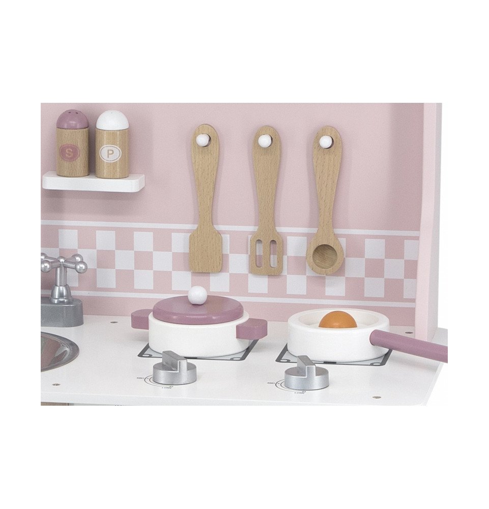 Medinė žaislinė virtuvėlė su priedais, rožinė