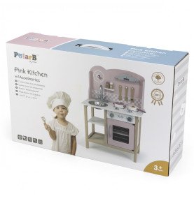 Medinė žaislinė virtuvėlė su priedais, rožinė