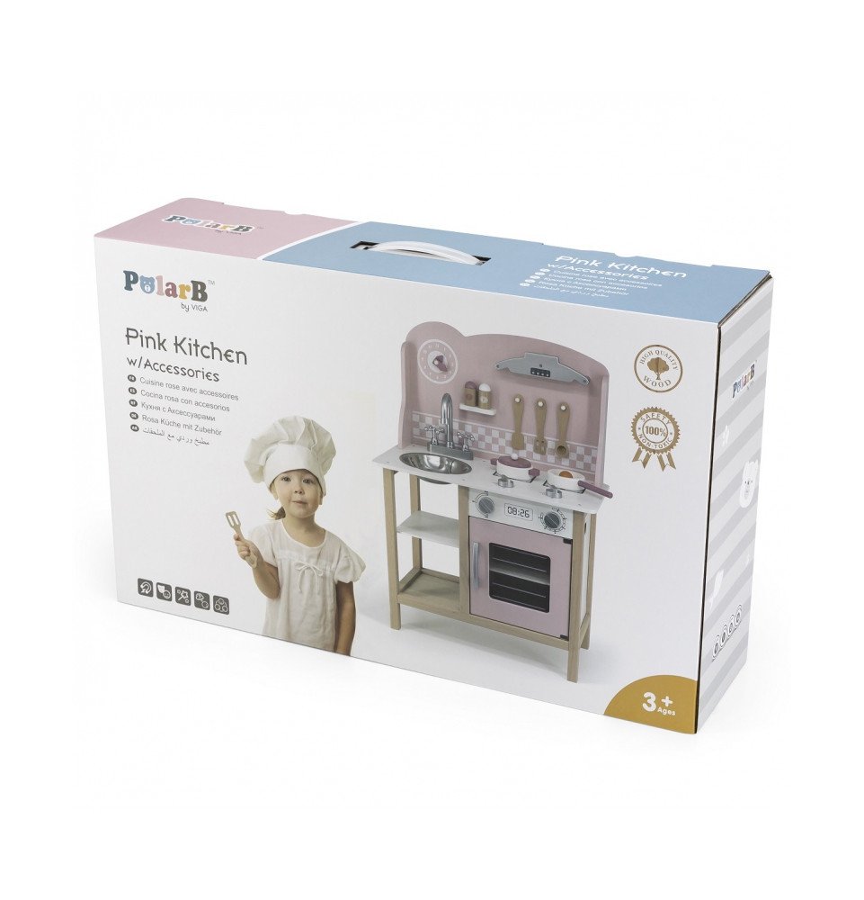 Medinė žaislinė virtuvėlė su priedais, rožinė