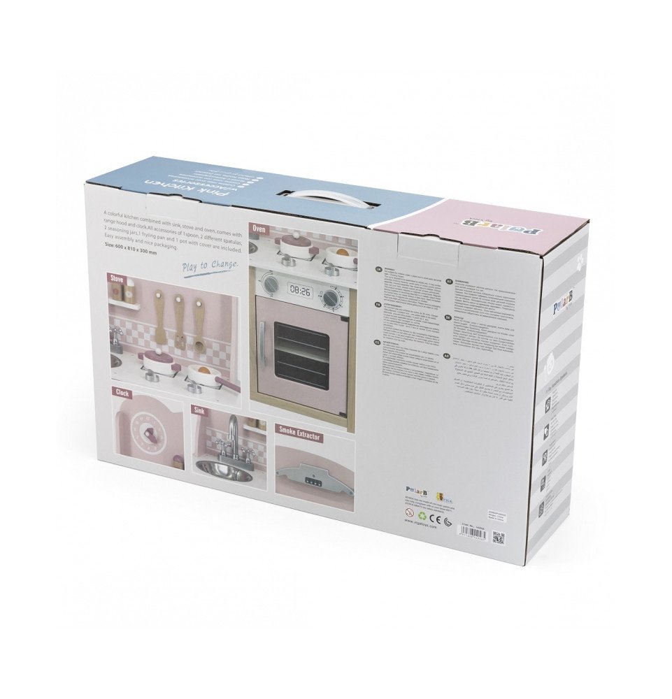 Medinė žaislinė virtuvėlė su priedais, rožinė