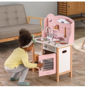 Medinė žaislinė virtuvėlė su priedais, rožinė