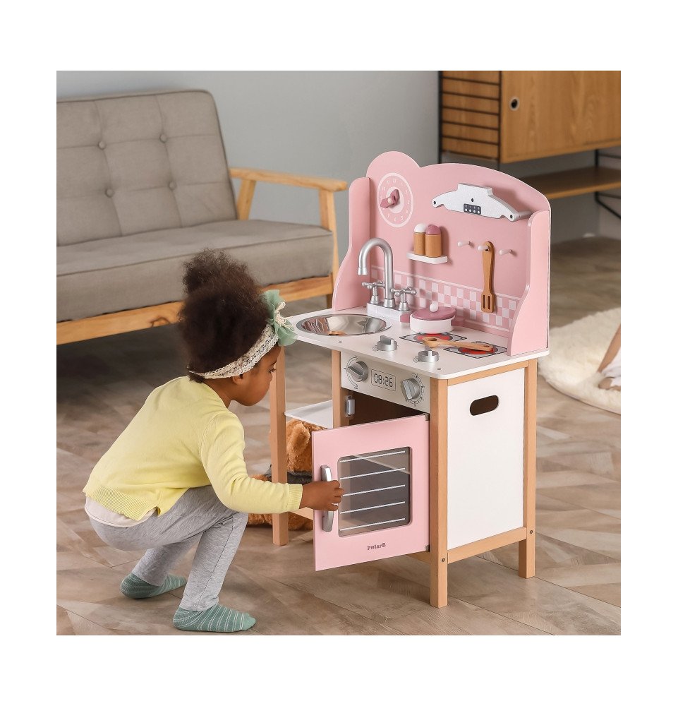 Medinė žaislinė virtuvėlė su priedais, rožinė