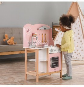Medinė žaislinė virtuvėlė su priedais, rožinė