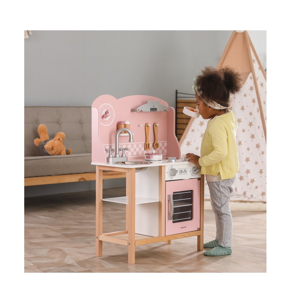 Medinė žaislinė virtuvėlė su priedais, rožinė