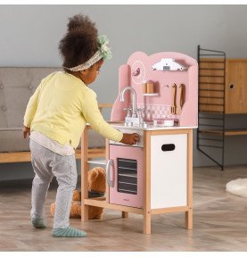 Medinė žaislinė virtuvėlė su priedais, rožinė