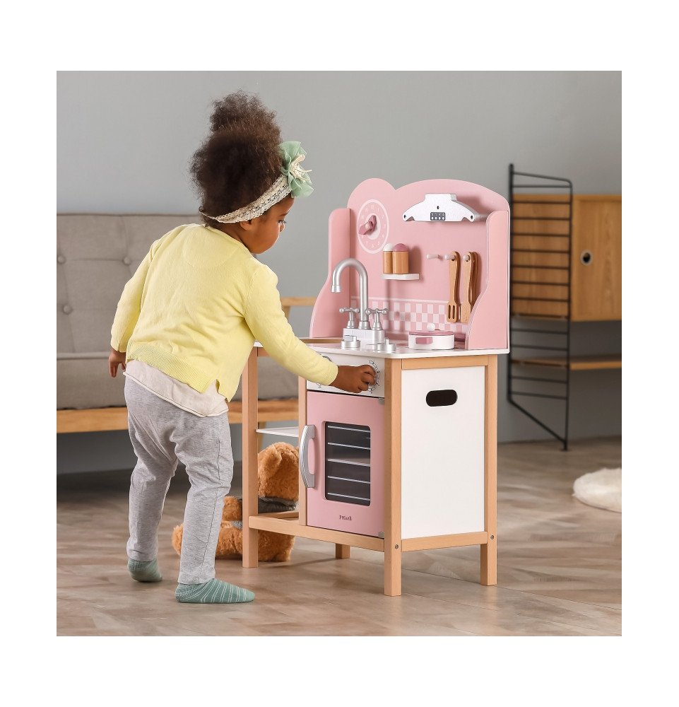 Medinė žaislinė virtuvėlė su priedais, rožinė