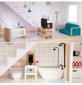 Medinis lėlių namelis su figūrėlėmis