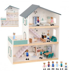 Medinis lėlių namelis su figūrėlėmis