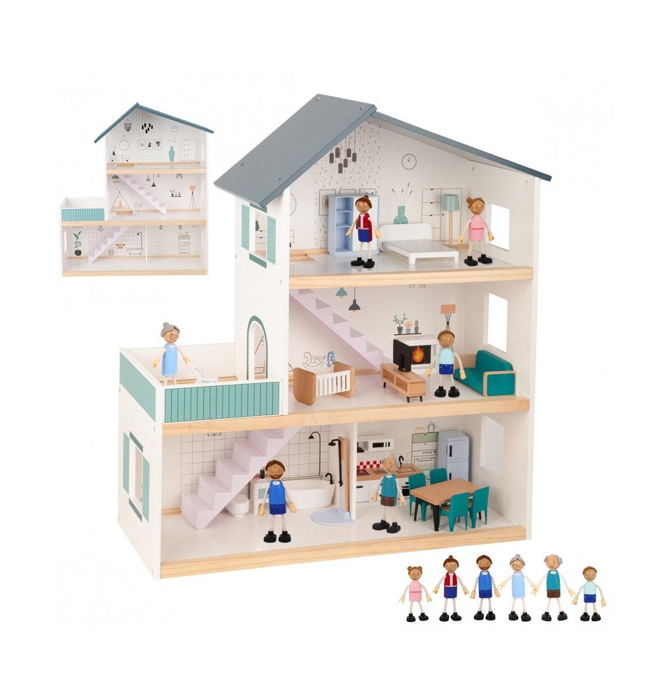 Medinis lėlių namelis su figūrėlėmis