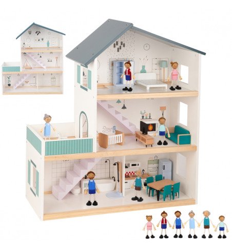 Medinis lėlių namelis su figūrėlėmis