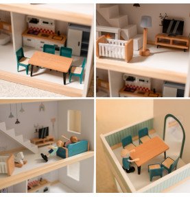 Medinis lėlių namelis su figūrėlėmis