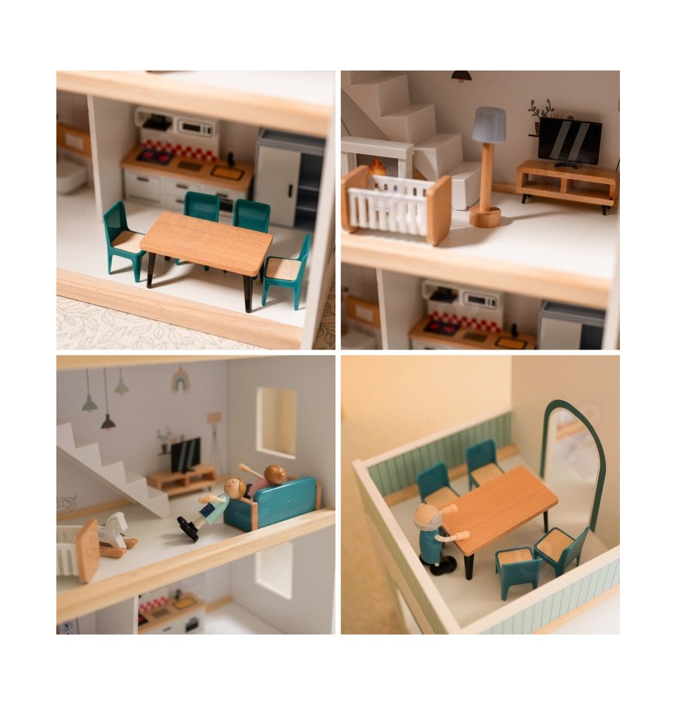 Medinis lėlių namelis su figūrėlėmis