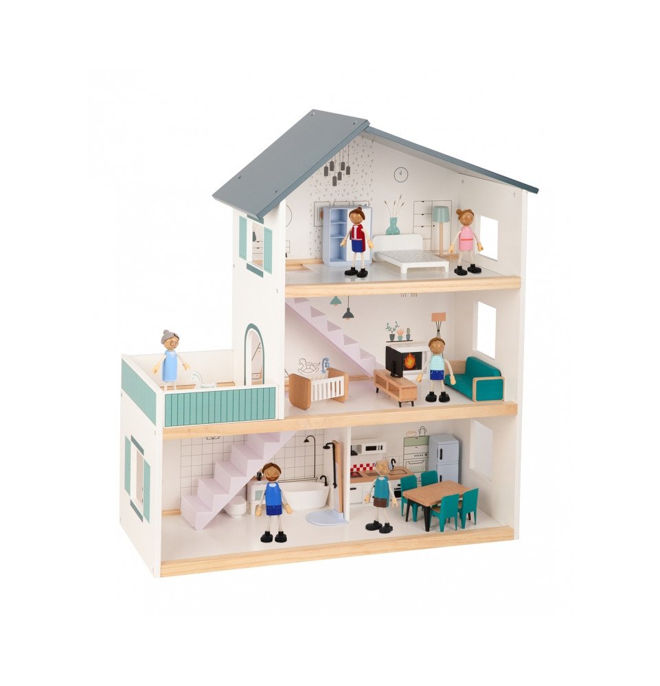 Medinis lėlių namelis su figūrėlėmis