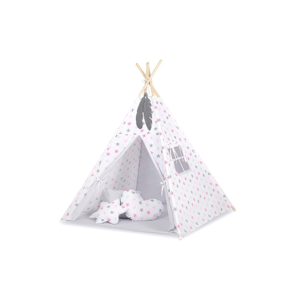 Žaidimų palapinė Bobono Tipi Pink/Grey Stars